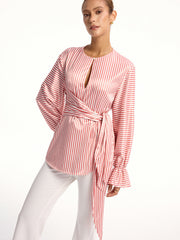 Wrap-Tie Striped Keyhole Blouse