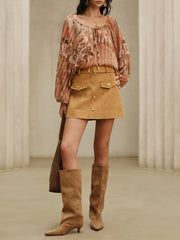 Metal Button Belted Mini Skirt with Decor Pocket