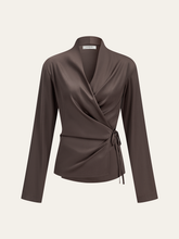 Satin Wrap-Front Long-Sleeve Top
