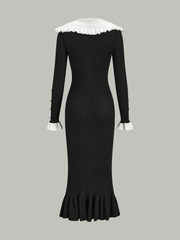 Contrast Ruffled Collar Knit Midi Dress