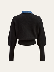 Wool Blend Denim Collar Puff Sleeve Cardigan
