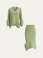 Textured Asymmetric Hem Knit Midi Skirt