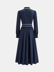 Contrast Trim Belted Pleated Shirt Dress