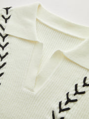 Contrast Stitching Polo Neck Cable Knit Top