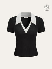 Contrast Lace Collar Cotton Blend T-Shirt