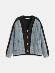 2 in 1 Denim Paneled Knit Cardigan