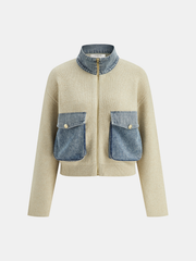 Denim Panel Zipper-Front Knit Cardigan