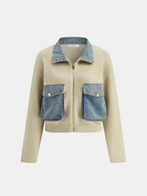 Denim Panel Zipper-Front Knit Cardigan