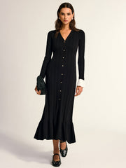 Ruffled Hem Button Front V-Neck Maxi Dress
