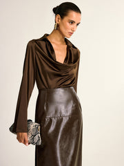 Satin Cowl Neck Long Sleeve Shirt