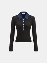 Contrast Collar Metal Button Ribbed Knit T-Shirt