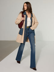Cable Knit Denim Paneled Longline Cardigan