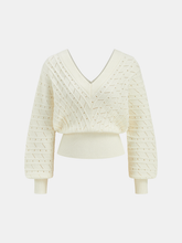Textured Openwork V-Neck Lantern Sleeve Sweater