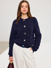 Cable Knit Rhinestone Button Cardigan