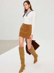 Wool Blend Denim Trim Metal Detail Knit Top