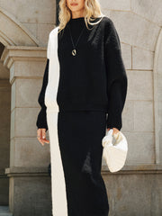 Color-Block Knit Sweater and Midi Skirt Set