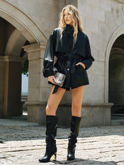Stand Collar Belted PU Leather Quilted Jacket