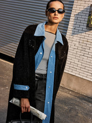 Denim Panel Long Faux Fur Coat