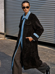 Denim Panel Long Faux Fur Coat
