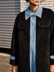 Denim Panel Long Faux Fur Coat
