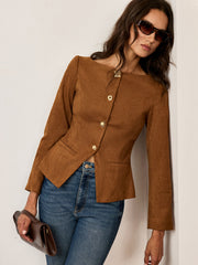 Suede Effect Fitted Metal Button Jacket
