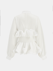 Stand Collar Belted Ruffled Shirt