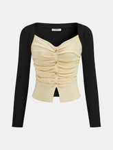 Color-Block Ruched Button Front Knit Top