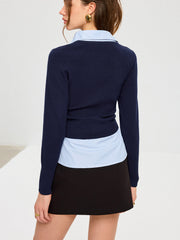 Striped Shirt Panel Metal Button Knit Top