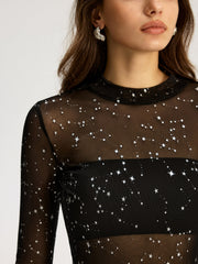 Glitter Star Sheer Mesh Long-Sleeve Bodysuit