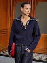 Studded Collar Wool Blend V-Neck Sweater