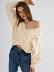 Cable Knit Cross-Front V-Neck Sweater