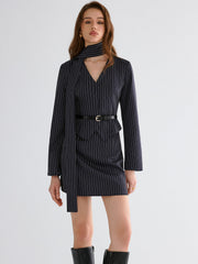 Pinstripe V-Neck Belted Blazer and Skirt Set