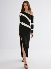Striped Slit Off-Shoulder Maxi Dress