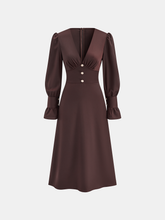 V-Neck Puff Sleeve Button Fitted Dress