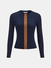 Zip-Front Suede Panel Ribbed Knit Top
