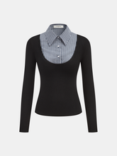 Striped Shirt Panel Long-Sleeve Knit Top