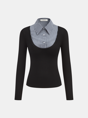 Striped Shirt Panel Long-Sleeve Knit Top