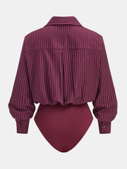 Pinstripe Cross-Front Collared Bodysuit