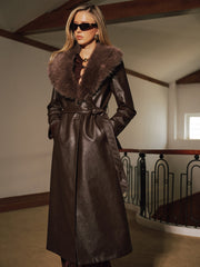 Faux Fur Collar Faux Leather Long Coat