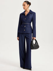 Belted Metal Button Faux Denim Blazer