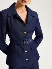 Belted Metal Button Faux Denim Blazer