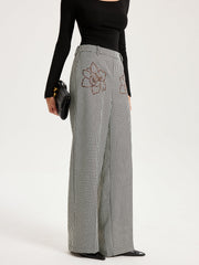 Houndstooth Embroidered Straight-Leg Pants