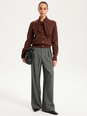 Tie-Neck Metal Button Knit Cardigan