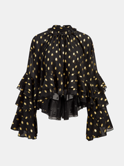 Semi-Sheer Foil Spot Print Ruffle Chiffon Blouse