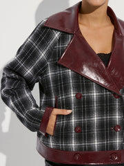 Faux Leather Panel Plaid Short Coat