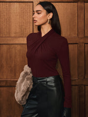 Cross Neck Long Sleeve Knit T-Shirt