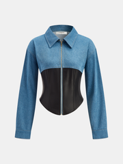 Collared Zip-Up Denim Paneled Corset Jacket