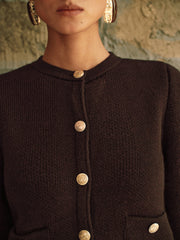 Metal Button Wool-Blend Knit Cardigan