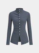 Button-Front Striped Ribbed Knit Top