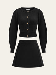 Lamb Sleeve Metal Button Knit Top and Skirt Set
